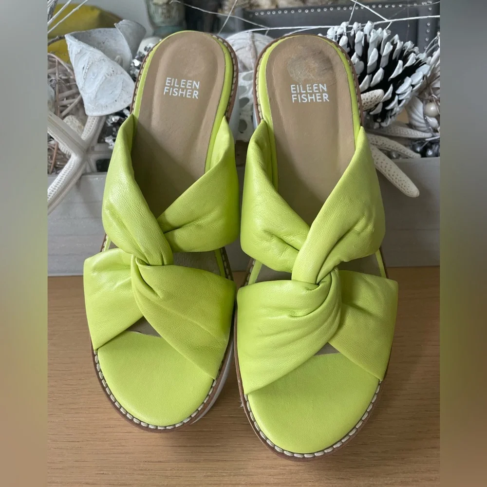 EILEEN FISHER BENE PLATFORM CITRUS LEATHER WEDGE SANDALS SIZE 8